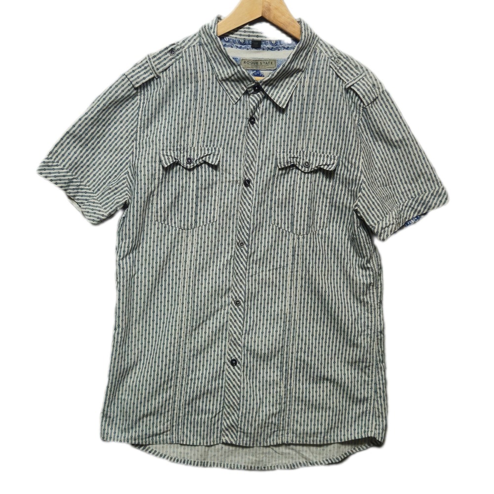 Rogue State Mens Shirt Large Short‎ Sleeve Button Down Striped Blue White Casual
